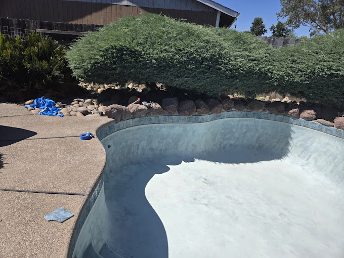 An empty swimming pool surrounded by rocks and trees