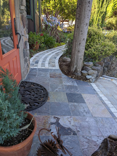 A stone walkway with a potted plant next to it